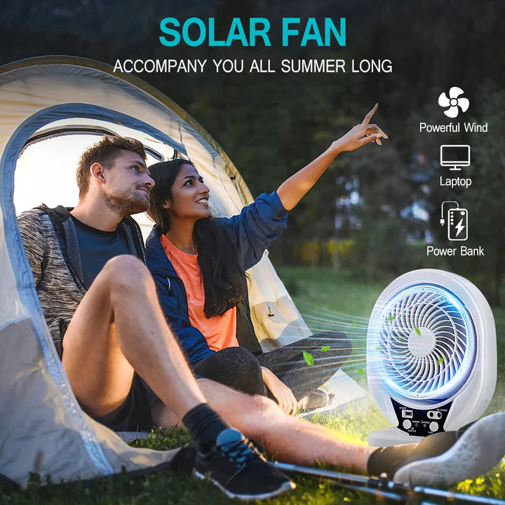 Rechargeable fan with solar panel and LED lamp