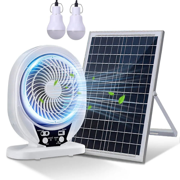 Rechargeable fan with solar panel and LED lamp