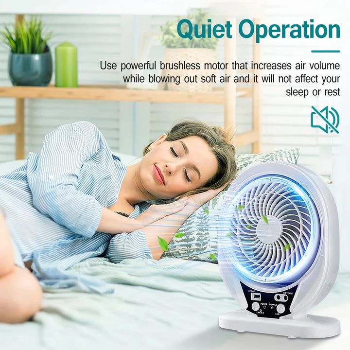 Rechargeable fan with solar panel and LED lamp