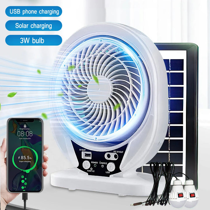 Rechargeable fan with solar panel and LED lamp