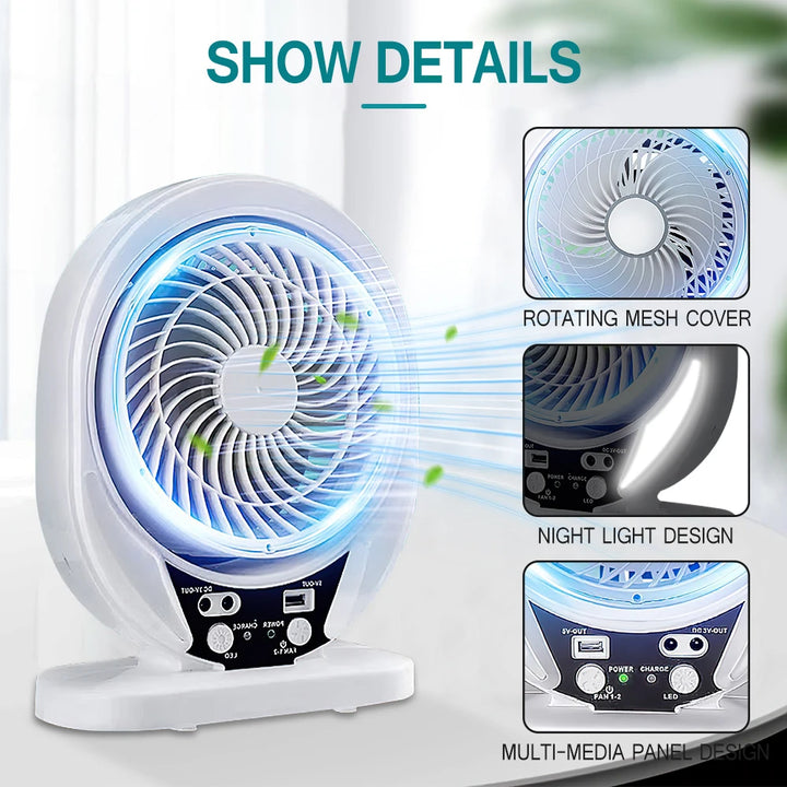 Rechargeable fan with solar panel and LED lamp